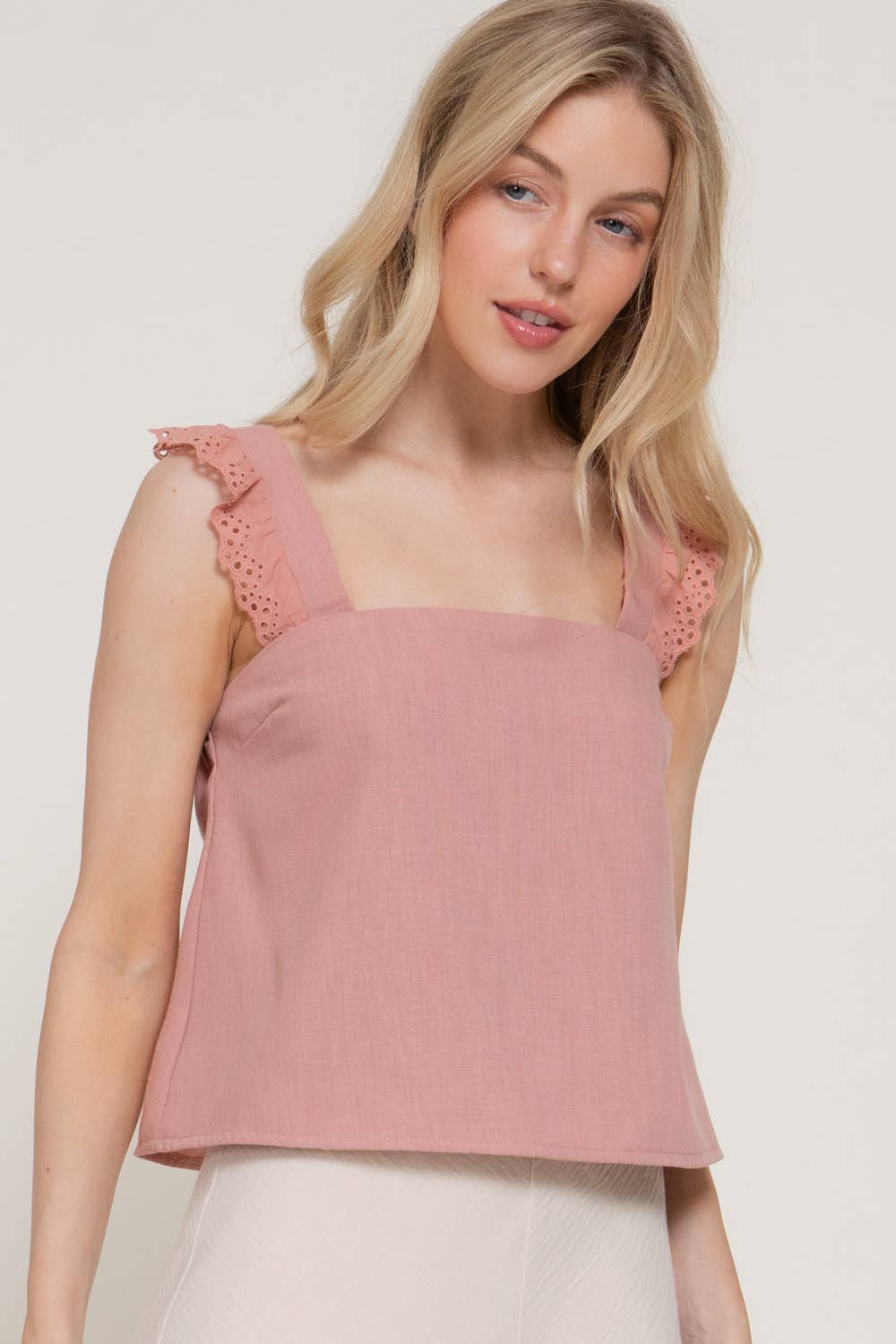 Square Eyelet Ruffle Woven Top: OLV-olive, L