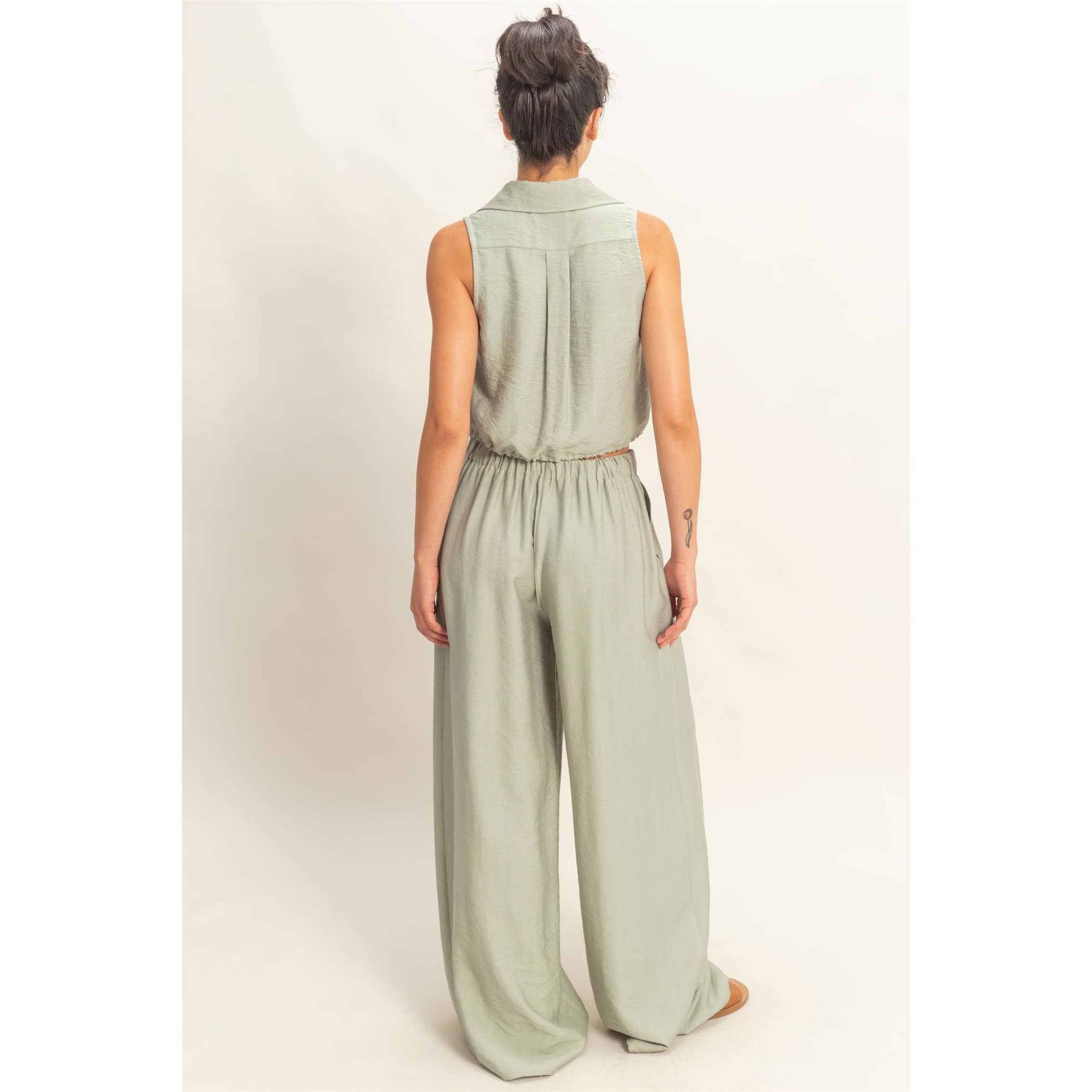 Button Front Vest & Elastic Pants Set: SAGE GREEN