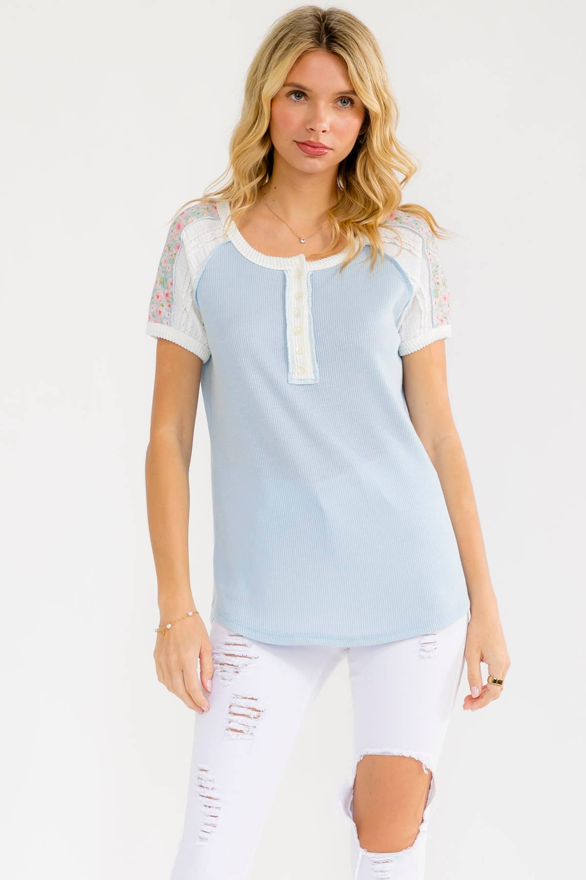 Lace Sleeve Button Front Top: Blue, 3X