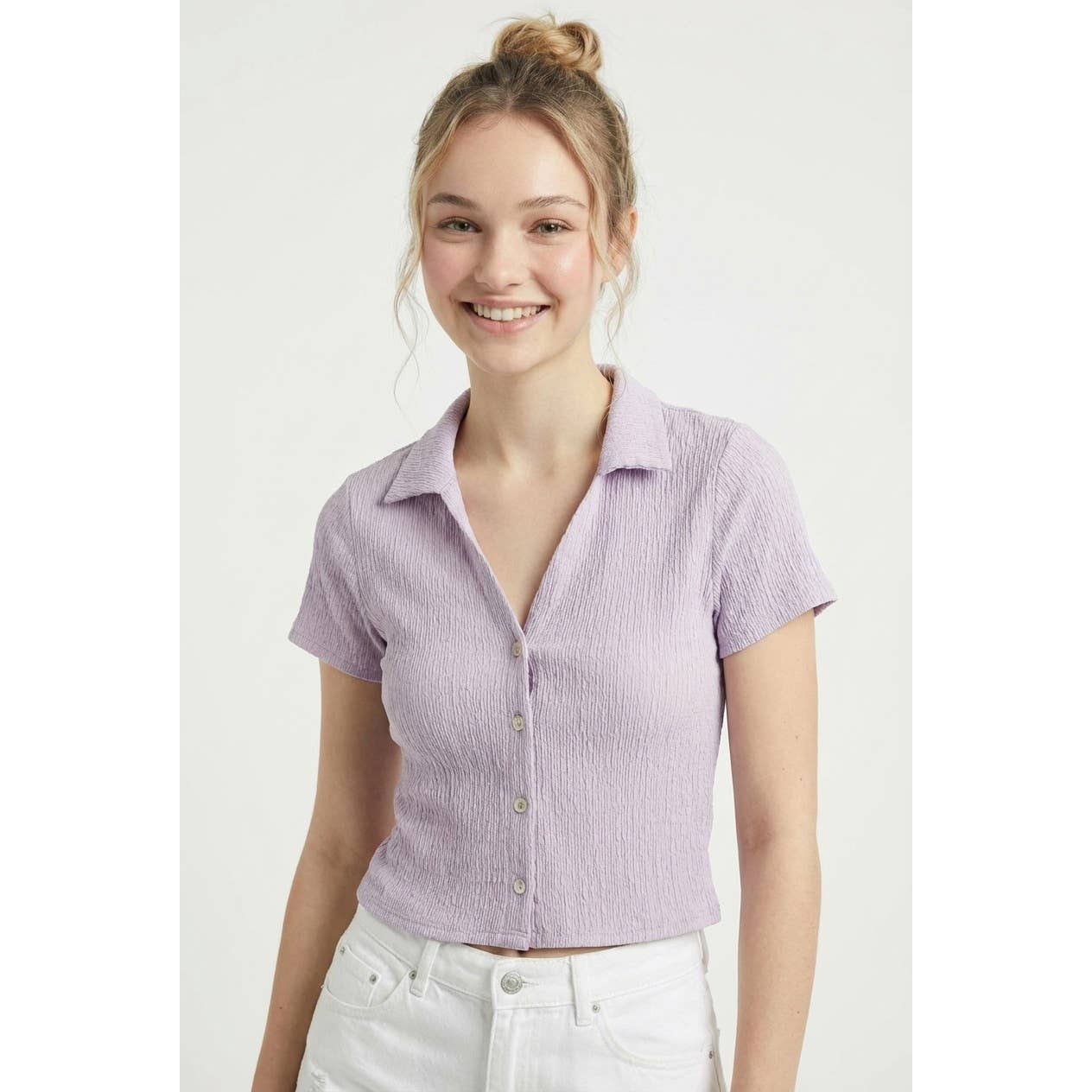 Crinkle Knit Button Front Top: TAN