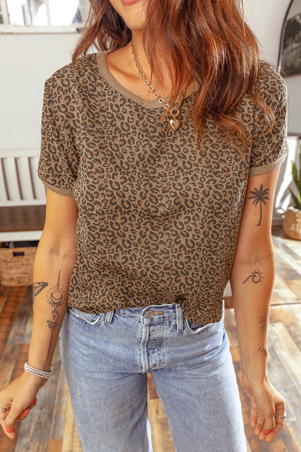 Plus Size Leopard Print Ribbed Tee: Brown, 3X