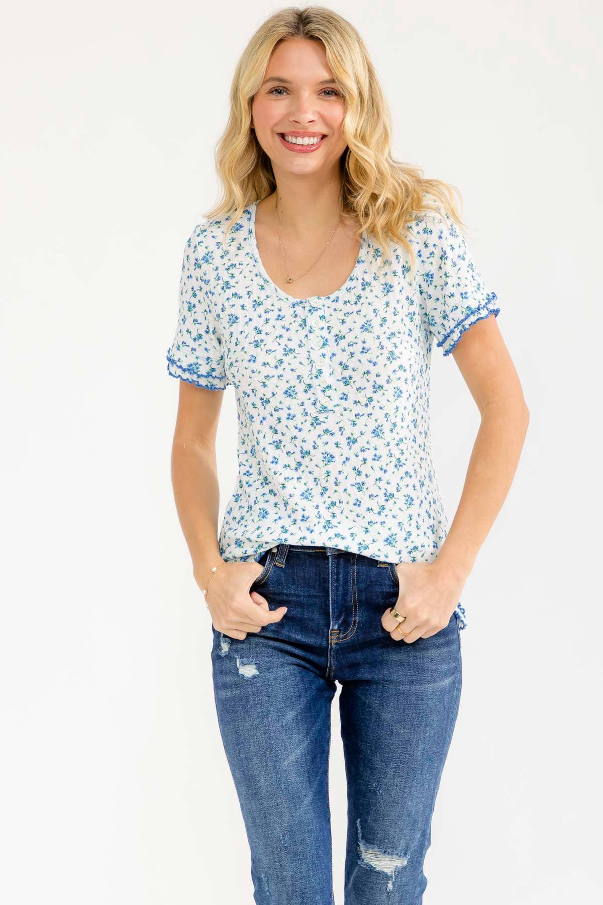 PLUS SIZE Floral Ruffle Trim Henley Top Off White/Blue, 3X
