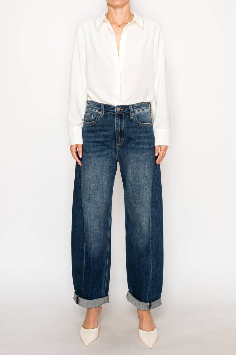 HIGH RISE RELAXED TAPERED DARK WASH BARREL JEANS: 13 (30)