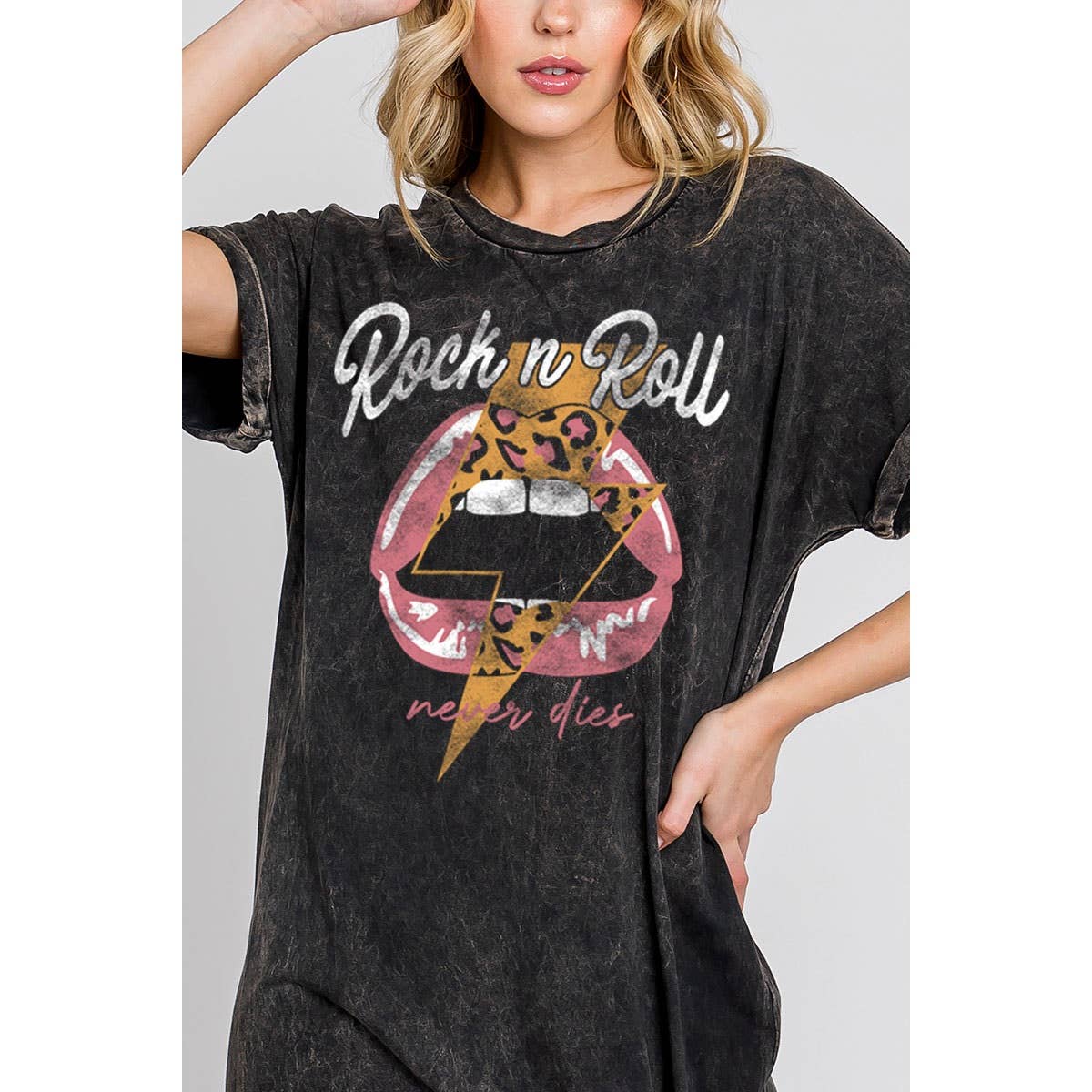 ROCK AND ROLL NEVER DIES MINERAL GRAPHIC DRESS: MINERAL TAUPE, M