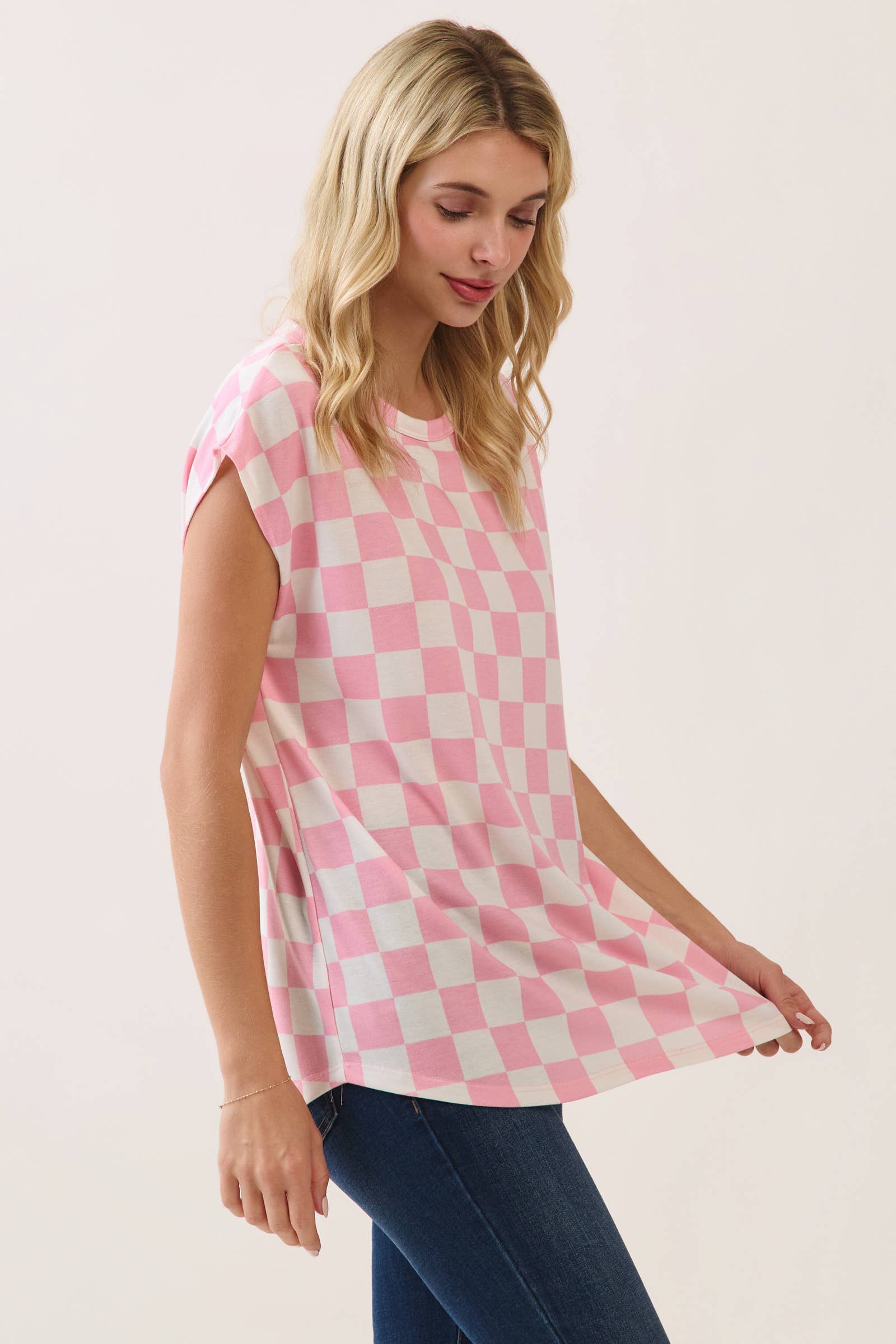 Checkered Print Casual Knit Tee: Orange, L