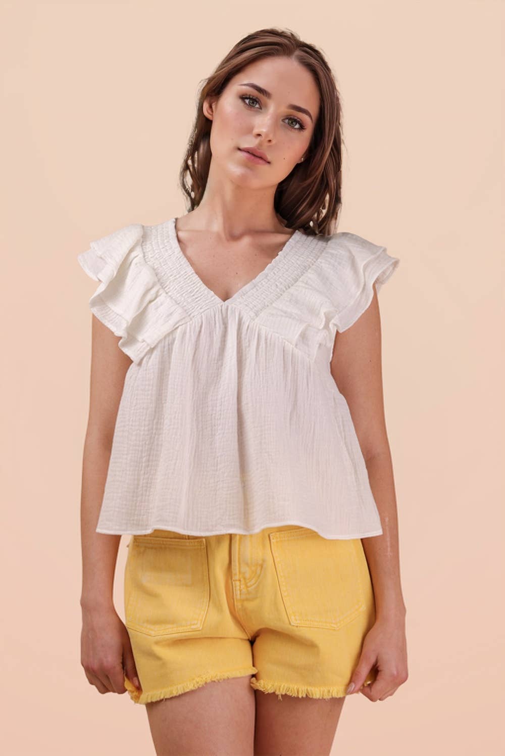 Smocking Detail Ruffle Sleeve Cotton Gauze Top: WHITE