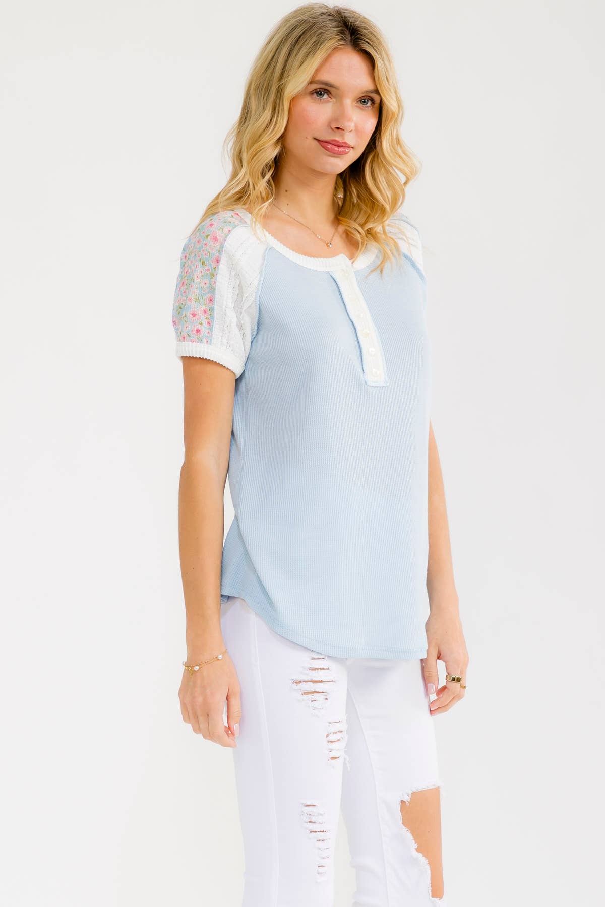 Lace Sleeve Button Front Top: Blue, 3X