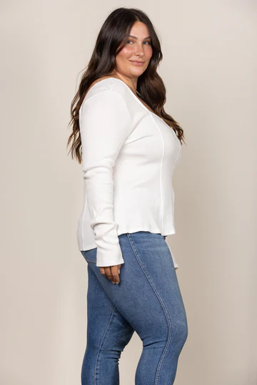 WHITE SQUARE NECK RIBBED KNIT LONG SLEEVES PLUS SIZE TOP: White, 2XL