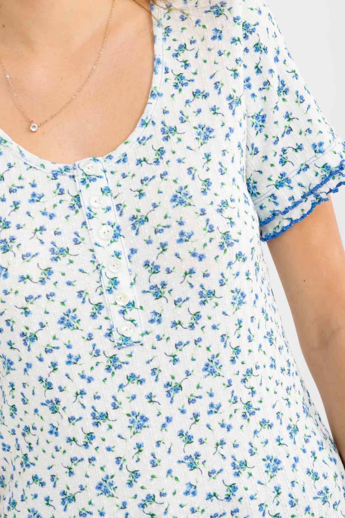 PLUS SIZE Floral Ruffle Trim Henley Top Off White/Blue, 3X