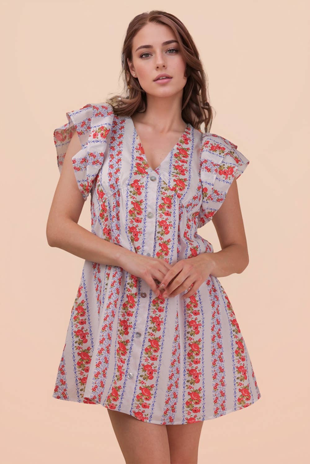 Button Down Printed Ruffle Sleeve Mini Dress: YELLOW MIX