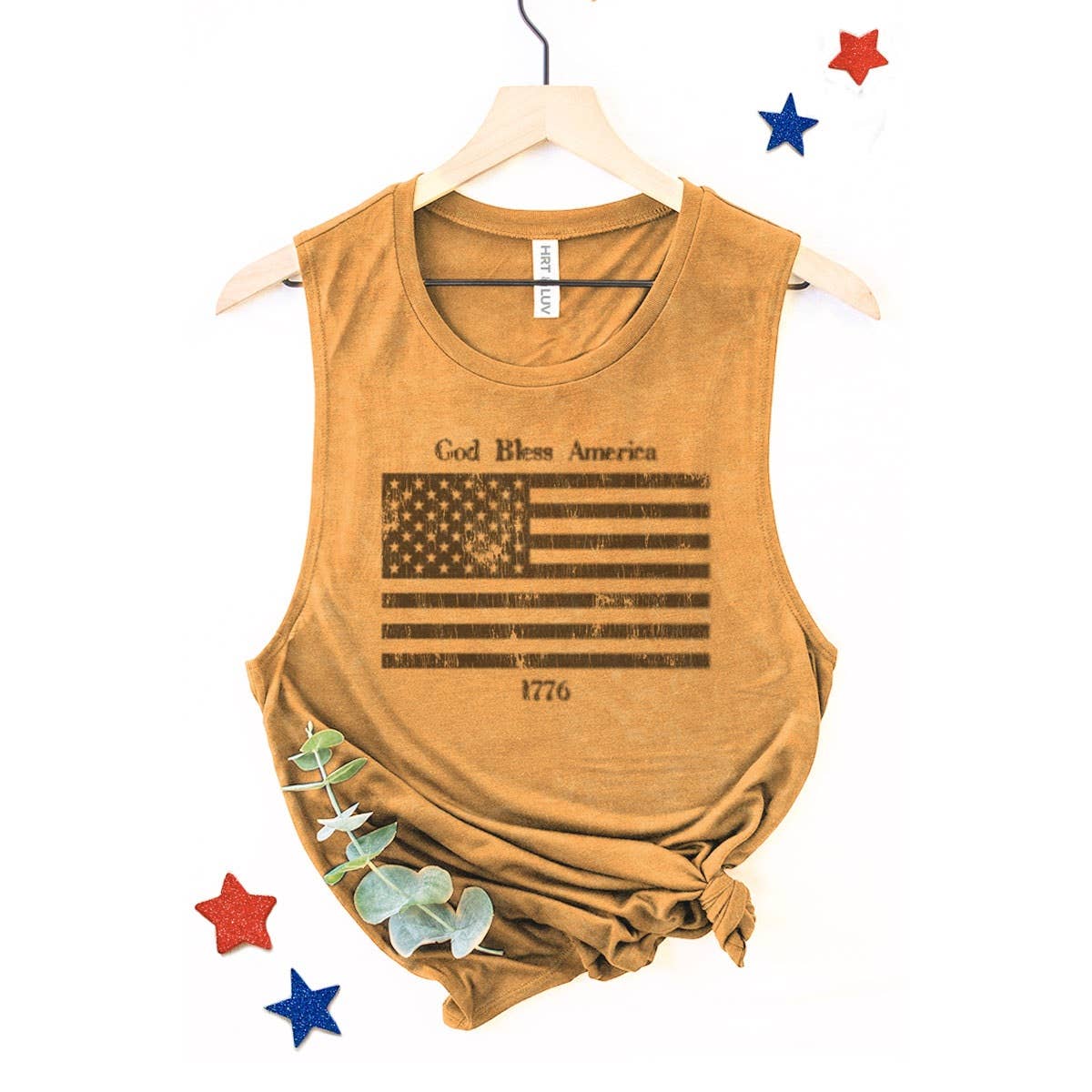 GOD BLESS AMERICA GRAPHIC TANK TOP: Mineral Mustard