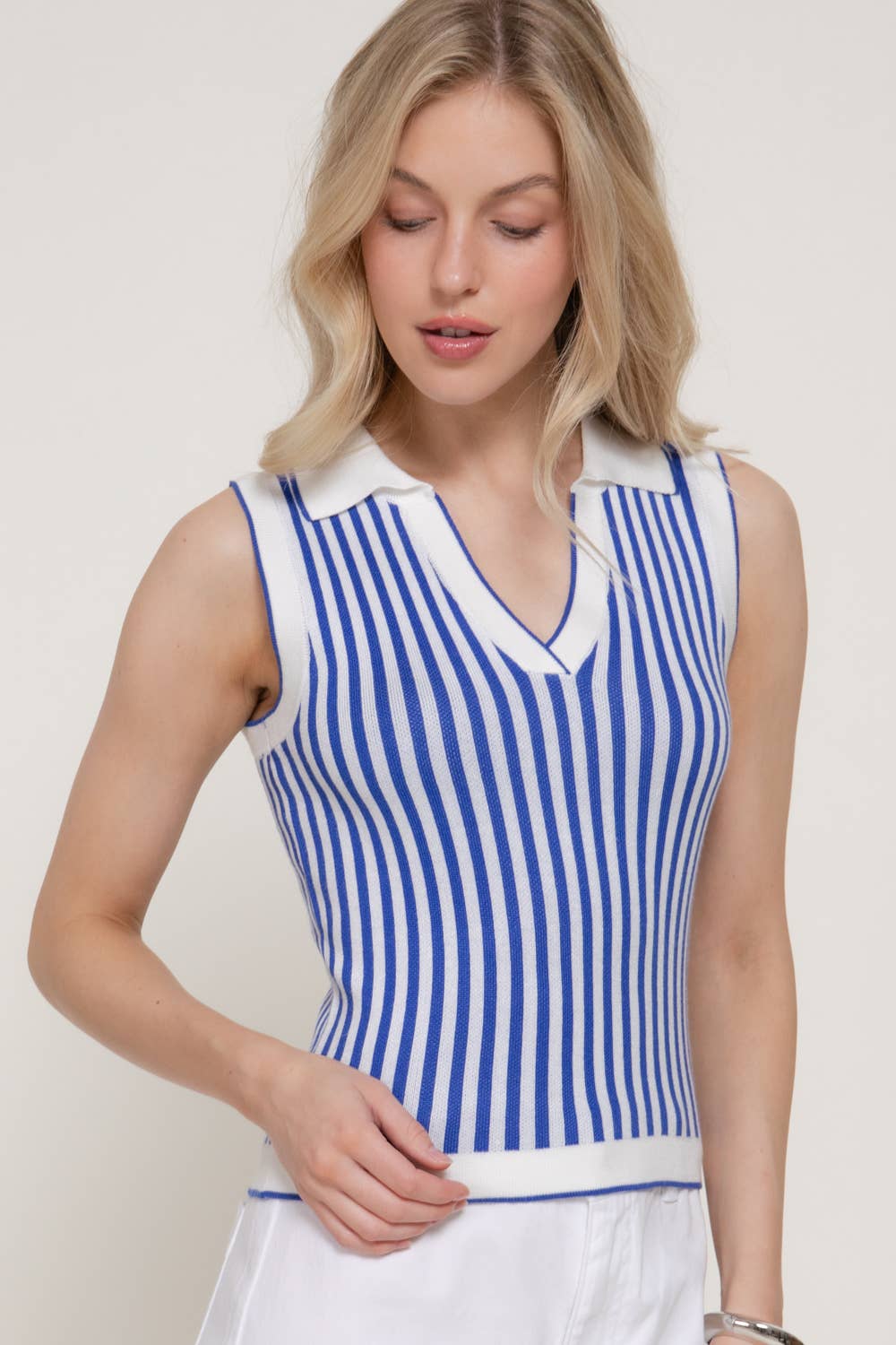 Sleeveless Vertical Striped Sweater Top: PNK-off white/pink, L