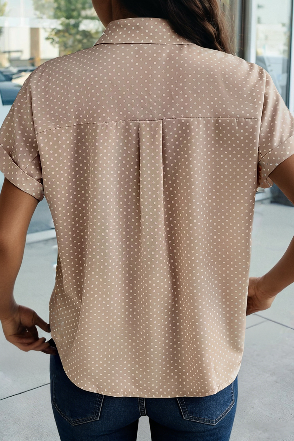 Dotted Print Cuffed Short Sleeve Shirt (S-XL): Pink, Missy, M