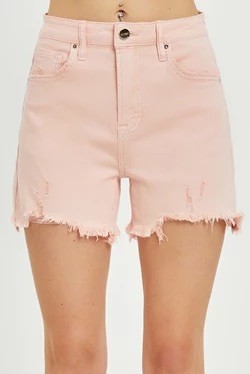 HIGH RISE DISTRESSED SHORTS-Soft Pink