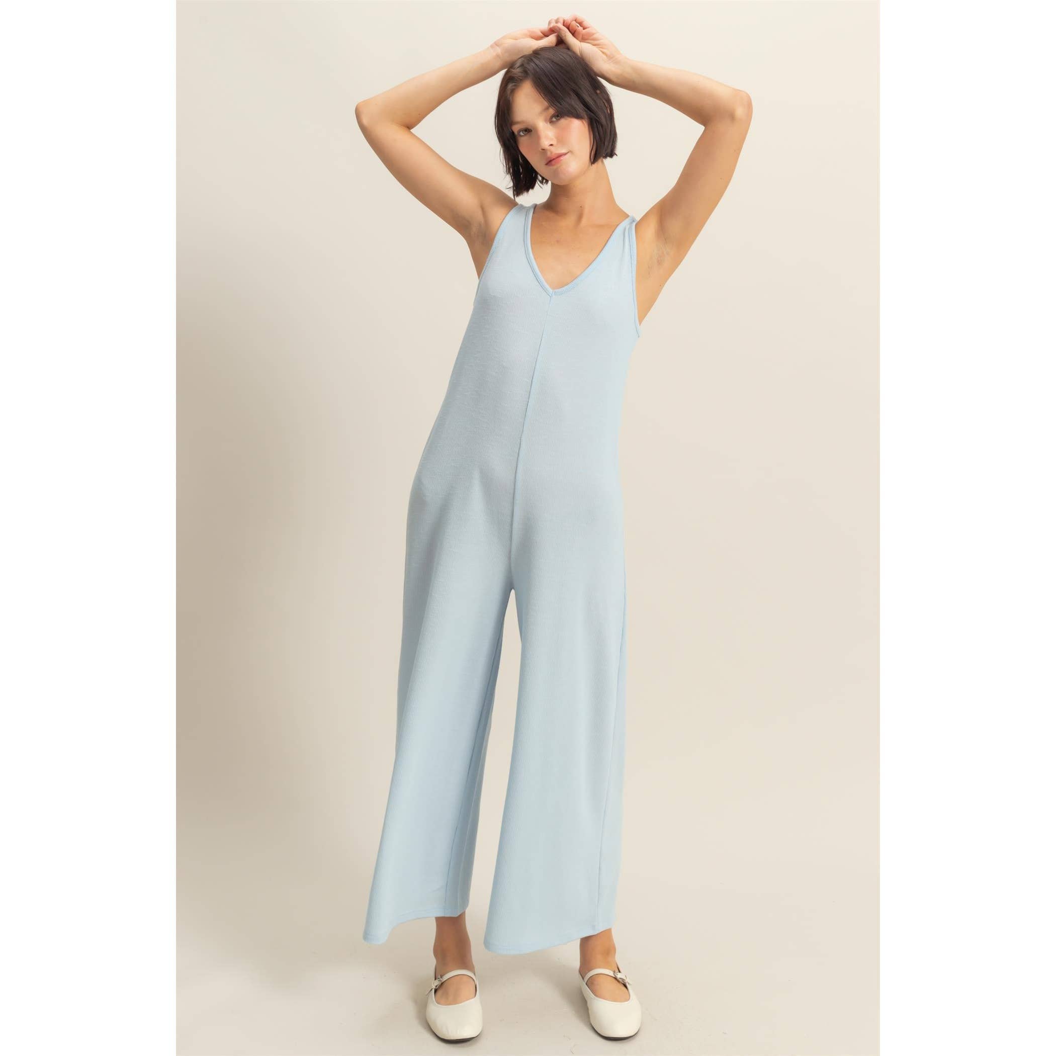 V-Neck Sleeveless Wide Leg Jumpsuit: ICE BLUE