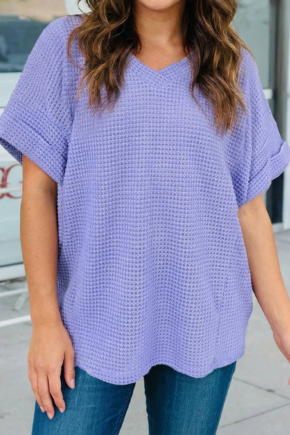 Plus Size Waffle V Neck Short Sleeve Top: Aqua, 1X