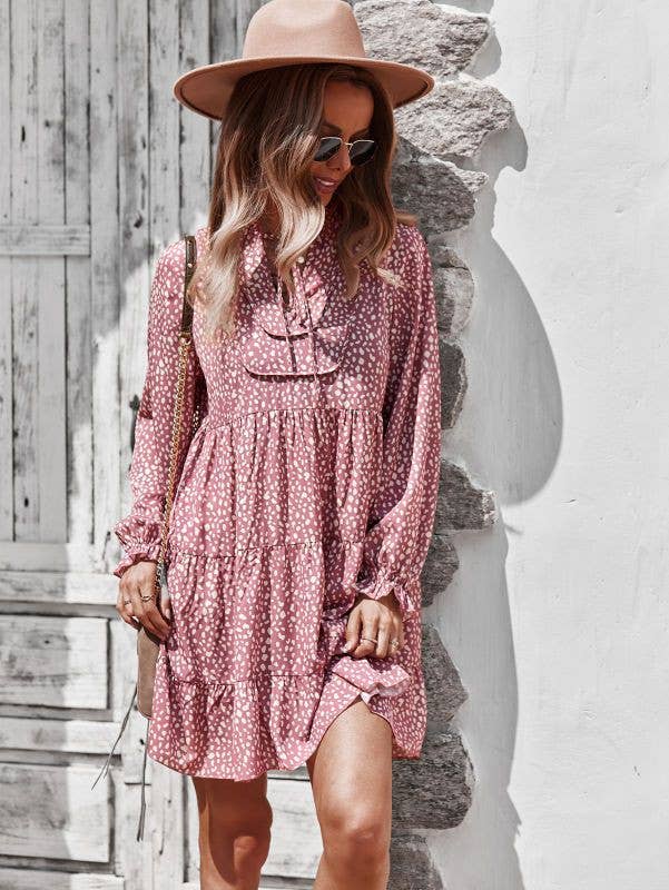 Printed long sleeve dress: Pink, M