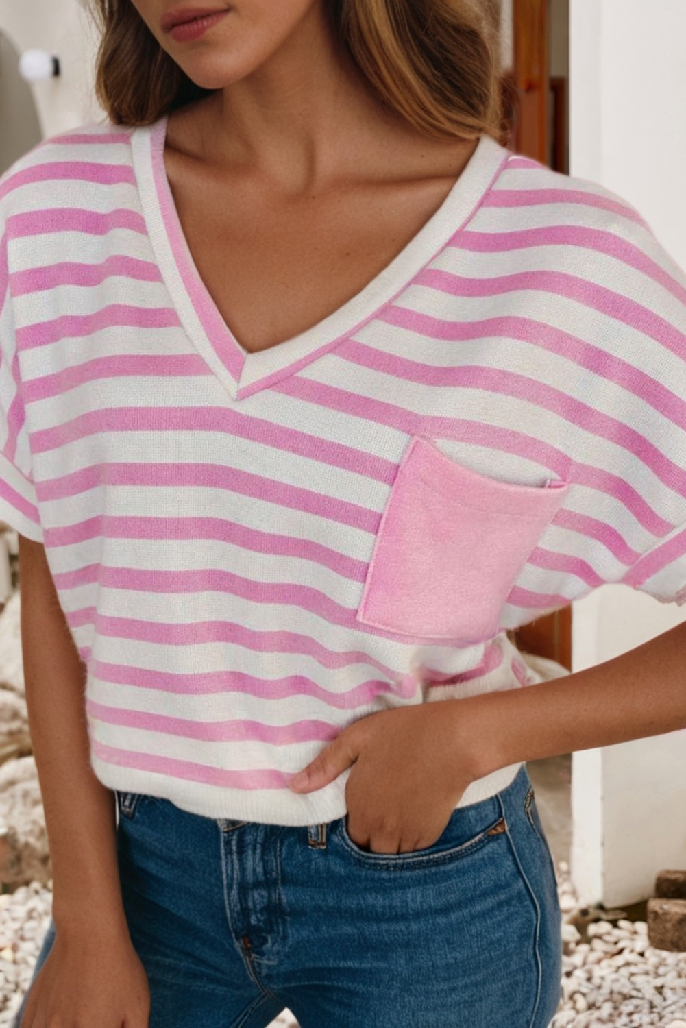 Plus Stripe V Neck Patched Pocket T Shirt: Pink Stripe, 1X