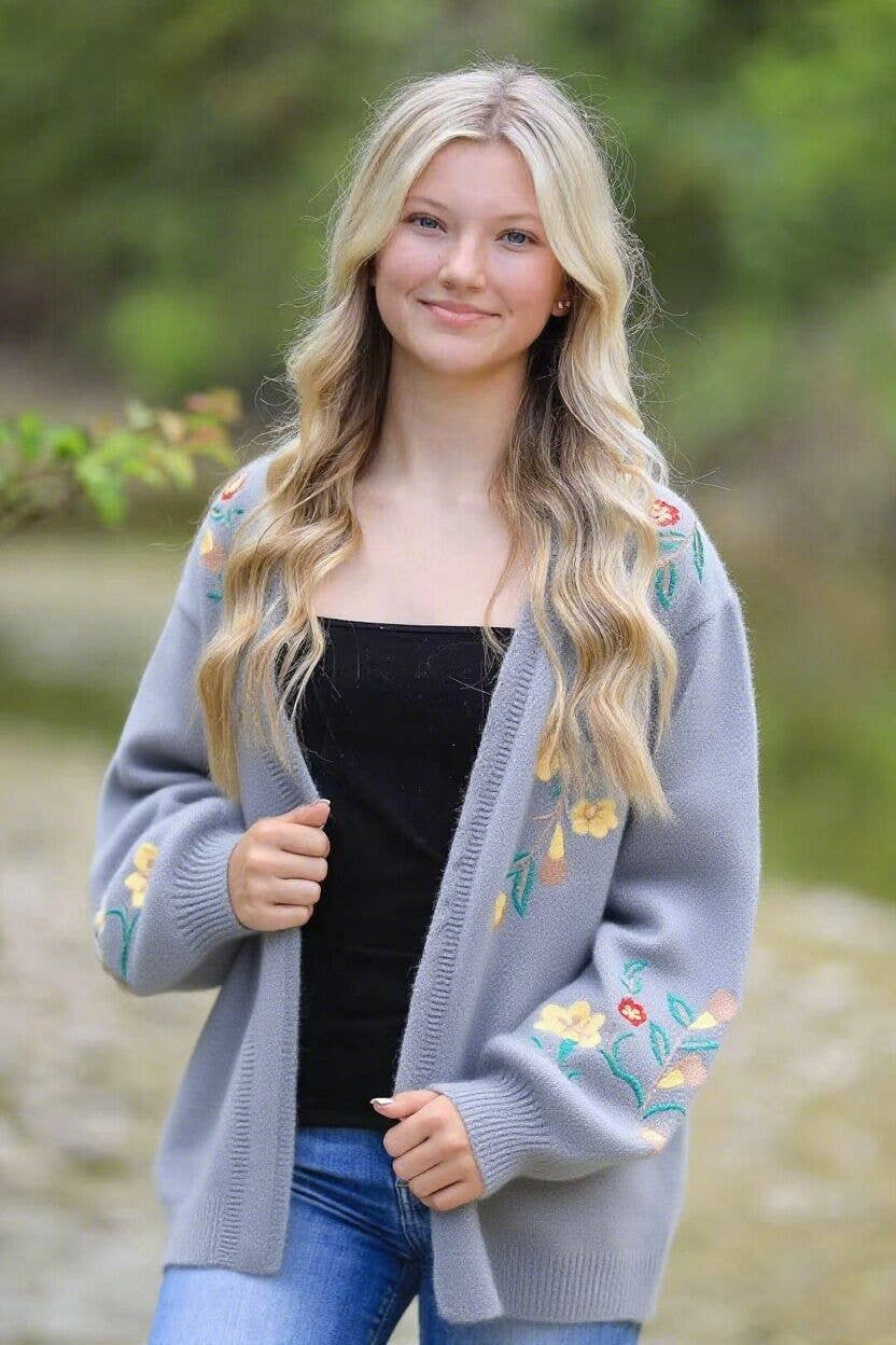 Floral knit cardigan: Blue, M
