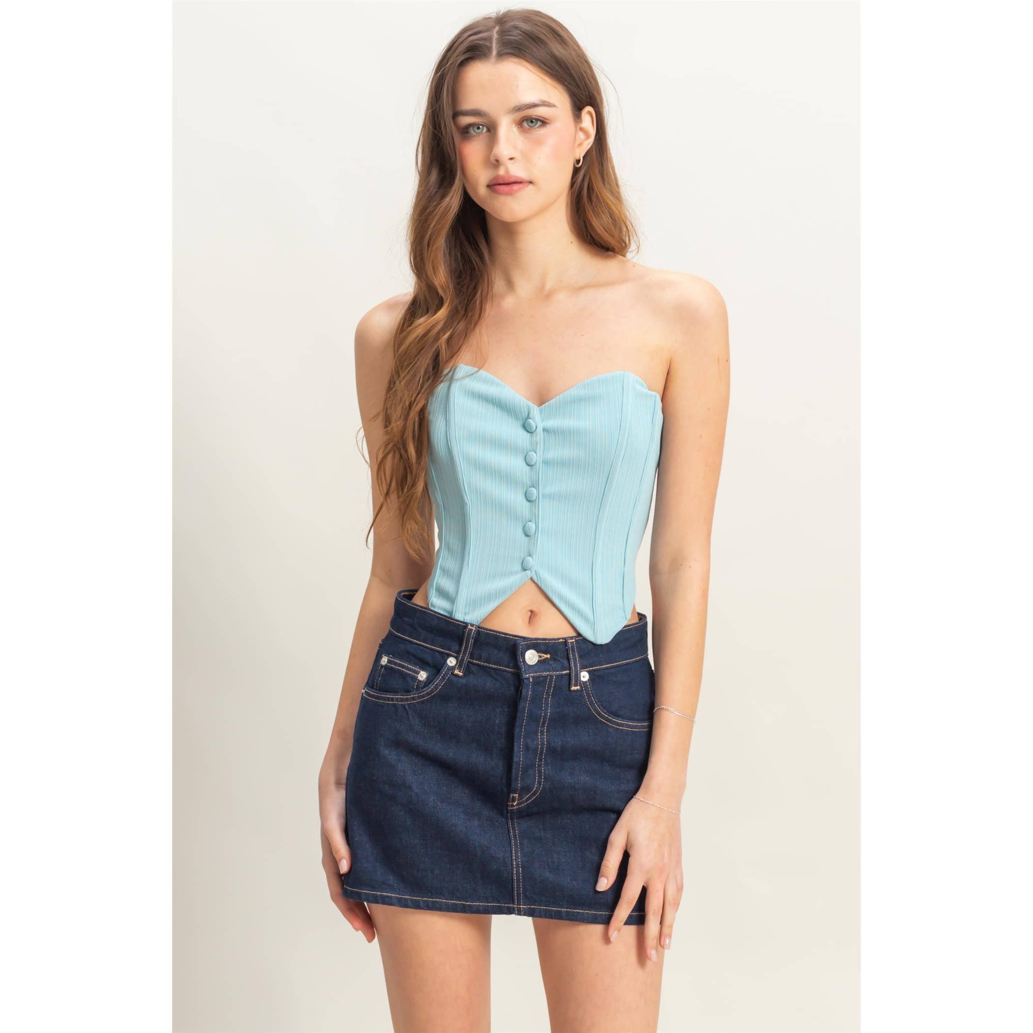 Buttoned Front Strapless Knit Bustier Top: PEACH