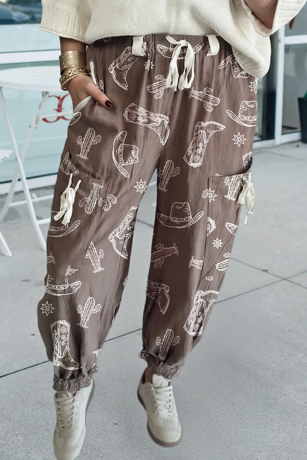 Western Cactus Cowgirl Hat Boot Printed Jogger Pants: Brown, L