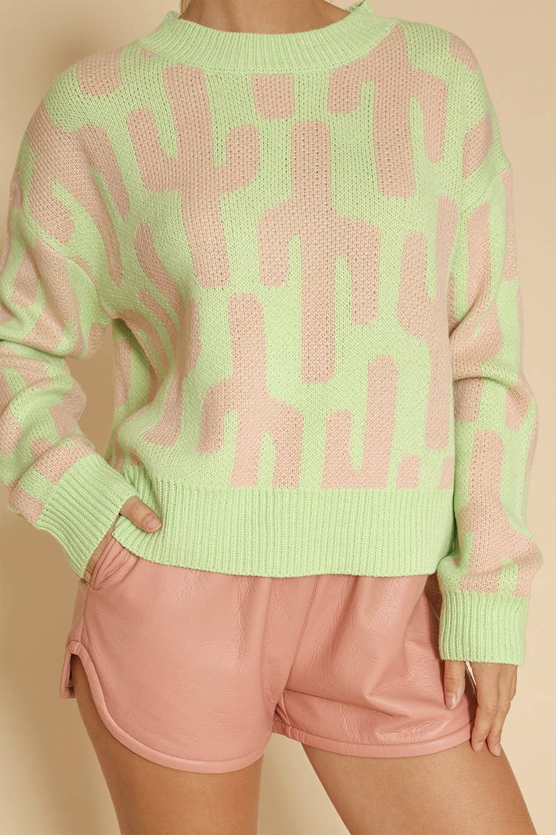 Cropped cactus knit sweater: Green multi, L
