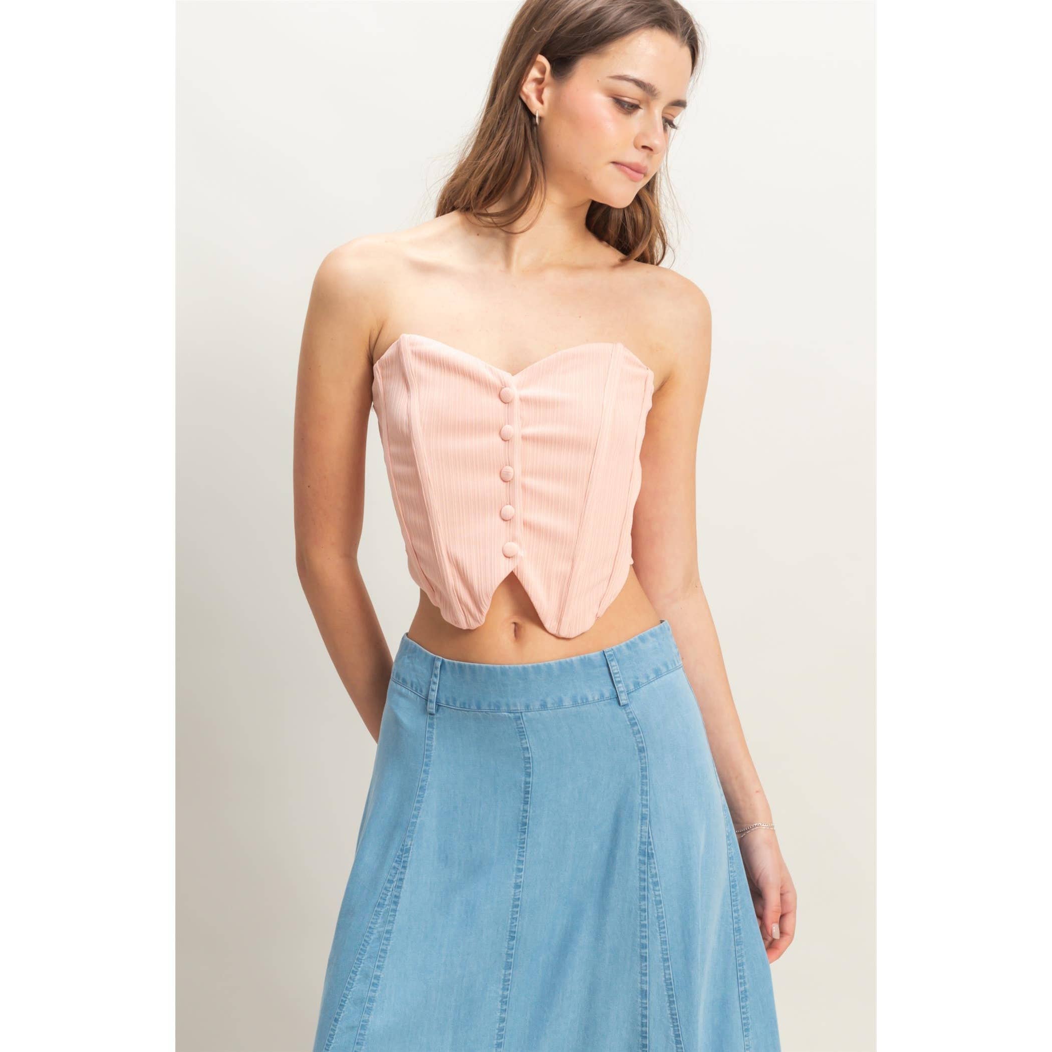 Buttoned Front Strapless Knit Bustier Top: PEACH