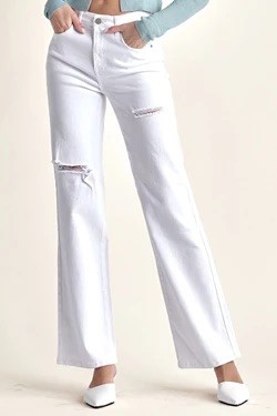 HIGH RISE RELAXED STRAIGHT JEANS WITH SLIT- WHITE