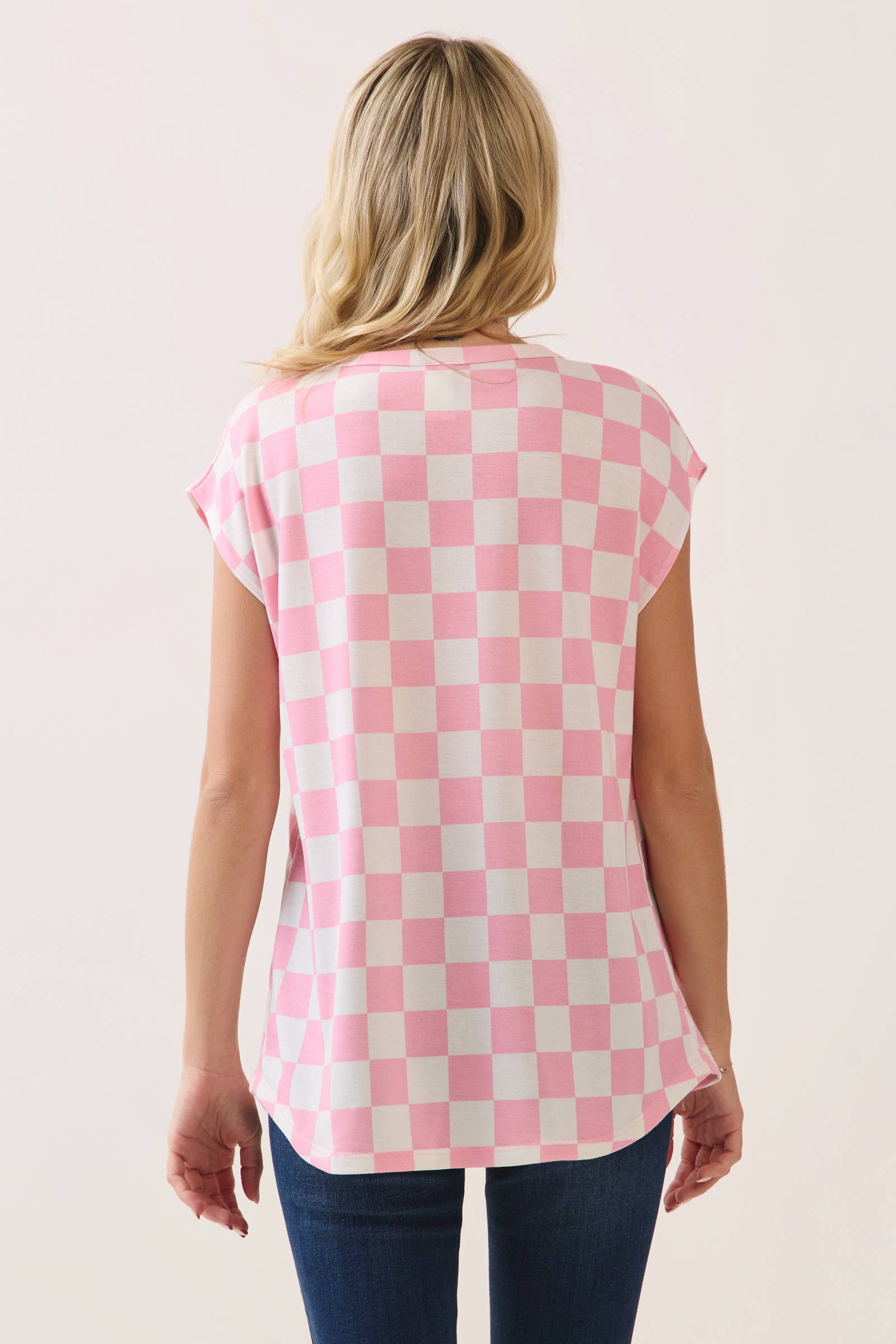 Checkered Print Casual Knit Tee: Orange, L