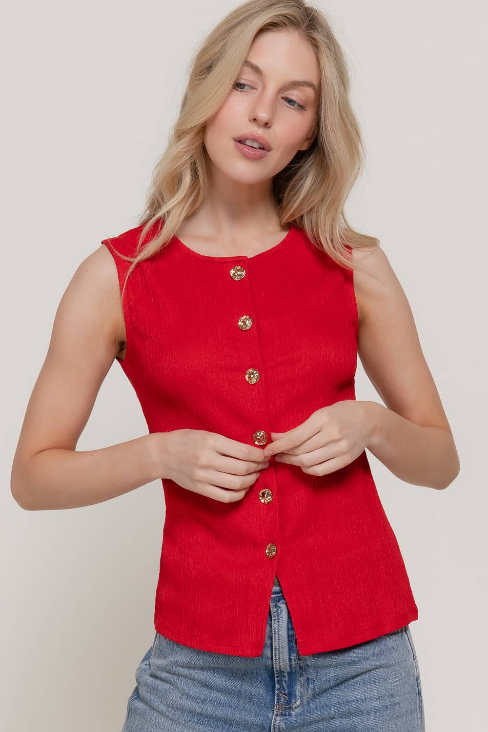 Sleeveless Texture Knit Vest: RED-red, S