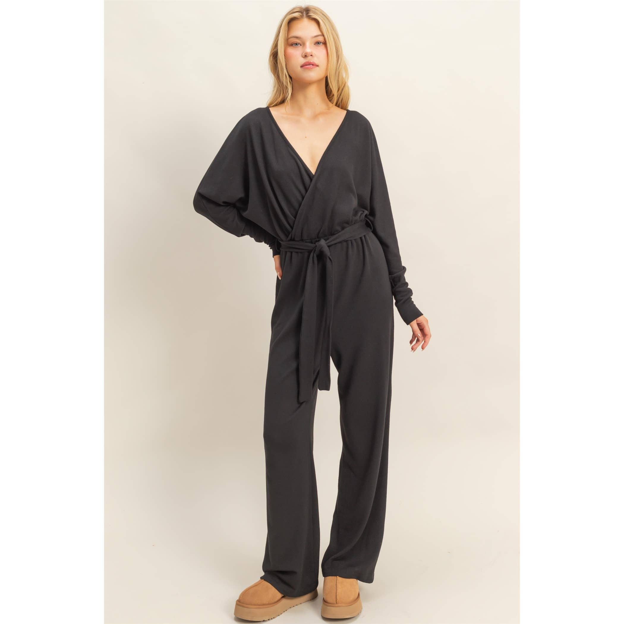 Lightweight Surplice Tie-Belt Knit Jumpsuit: BLACK, S-M-L(2-2-2)