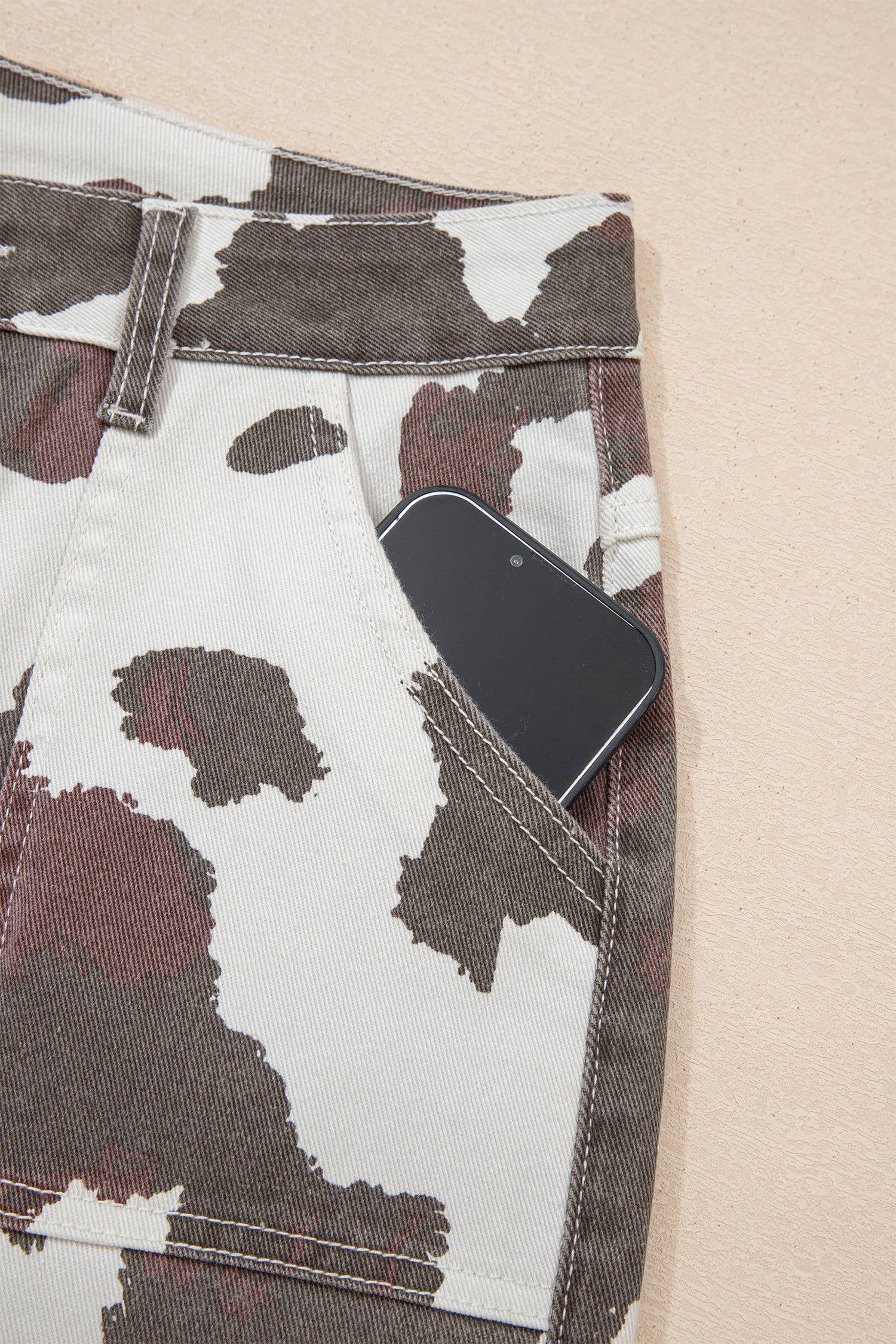 Cow Spots Printed Multi Pocketed Jeans: Brown, 10