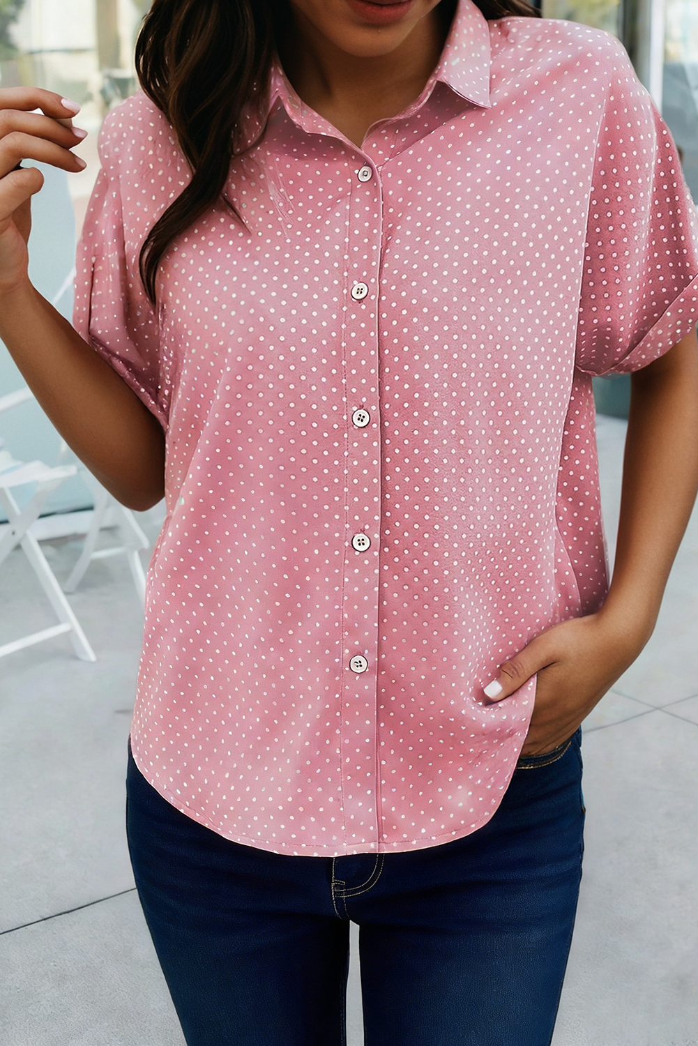 Dotted Print Cuffed Short Sleeve Shirt (S-XL): Pink, Missy, M