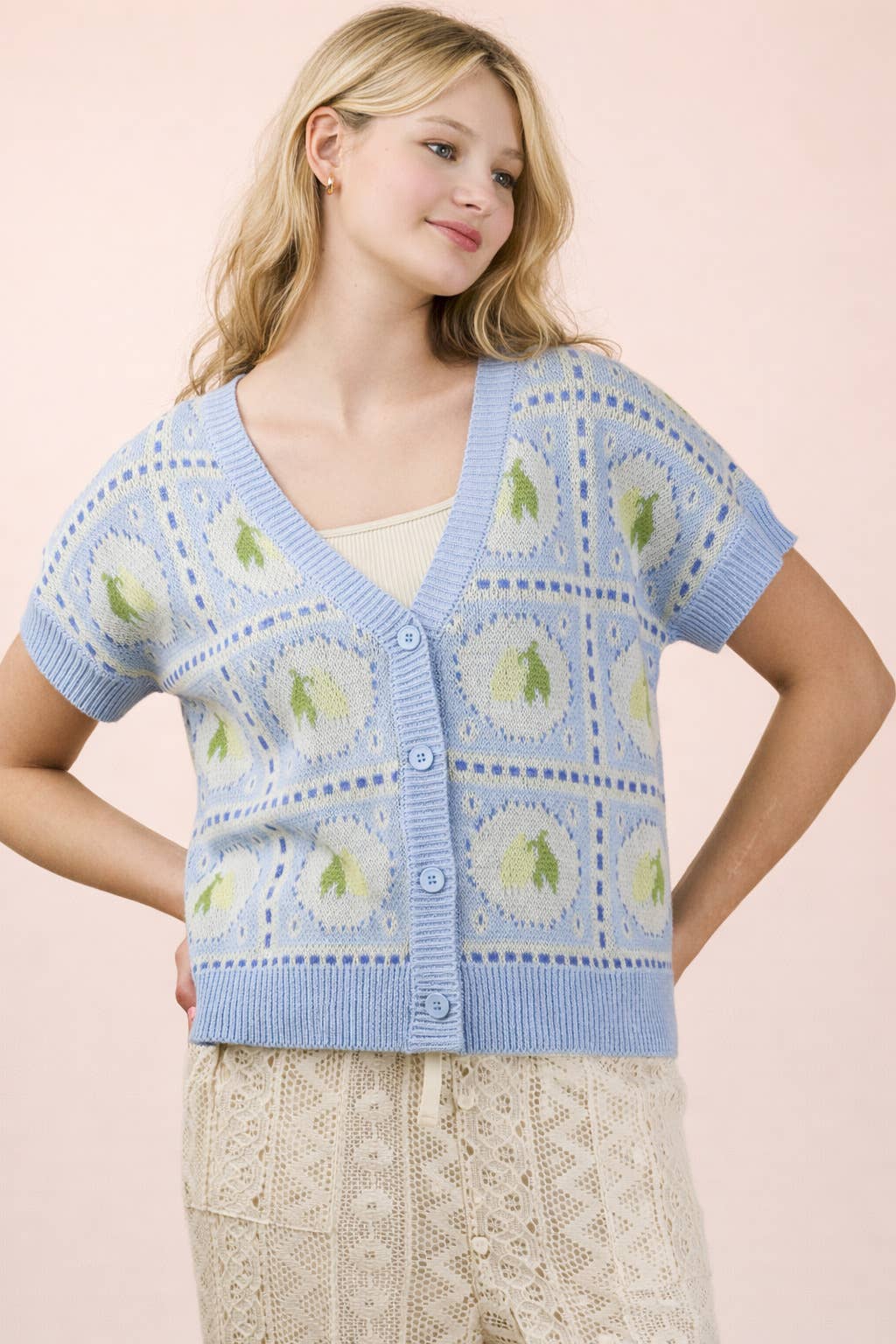 Button Down Lemon Graphic Sweater Summer Cardigan: PINK