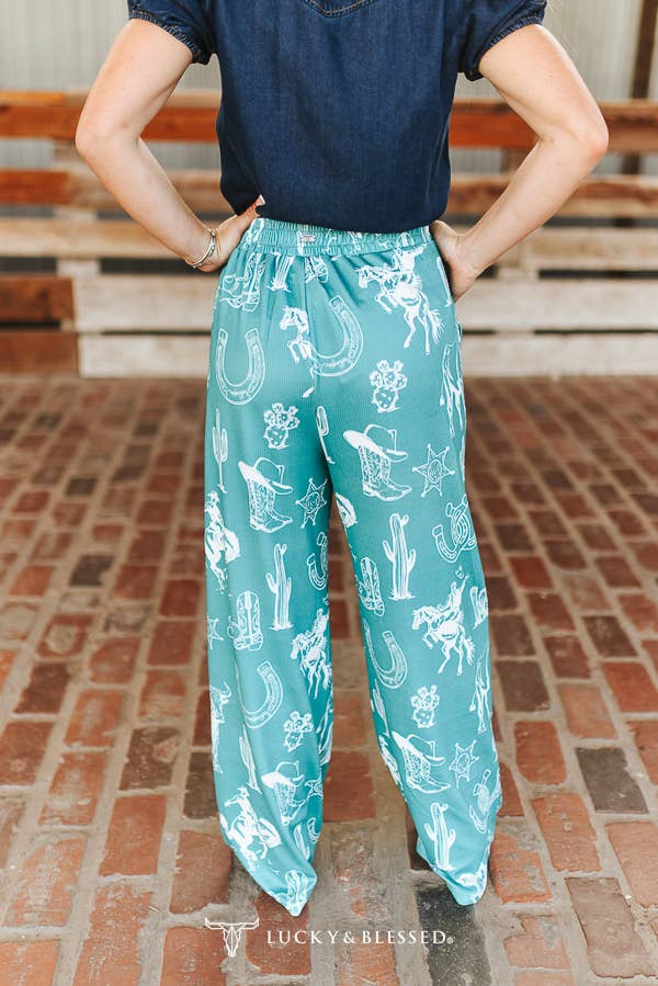Turquoise Western Printed Elastic Waistband Wide Leg Pants: L