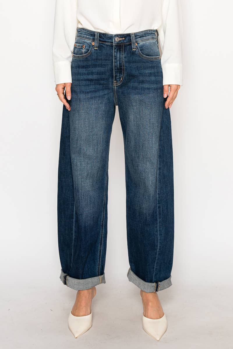 HIGH RISE RELAXED TAPERED DARK WASH BARREL JEANS: 13 (30)