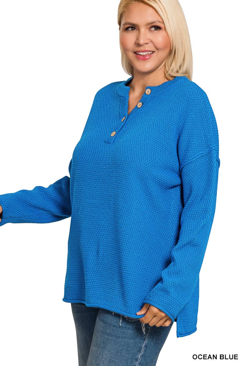 Plus Henley Neckline Sweater: DK OLIVE