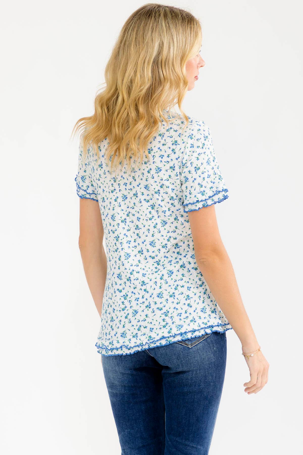 PLUS SIZE Floral Ruffle Trim Henley Top Off White/Blue, 3X