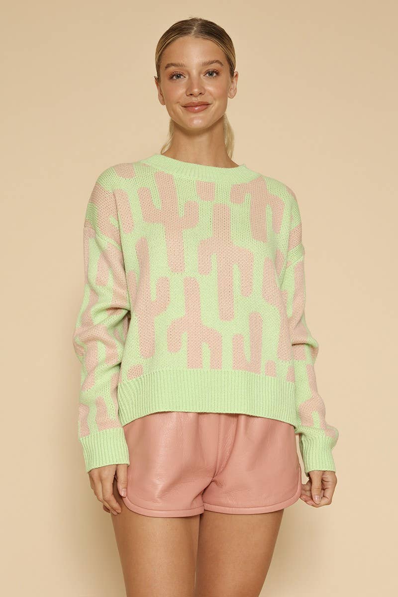 Cropped cactus knit sweater: Green multi, L