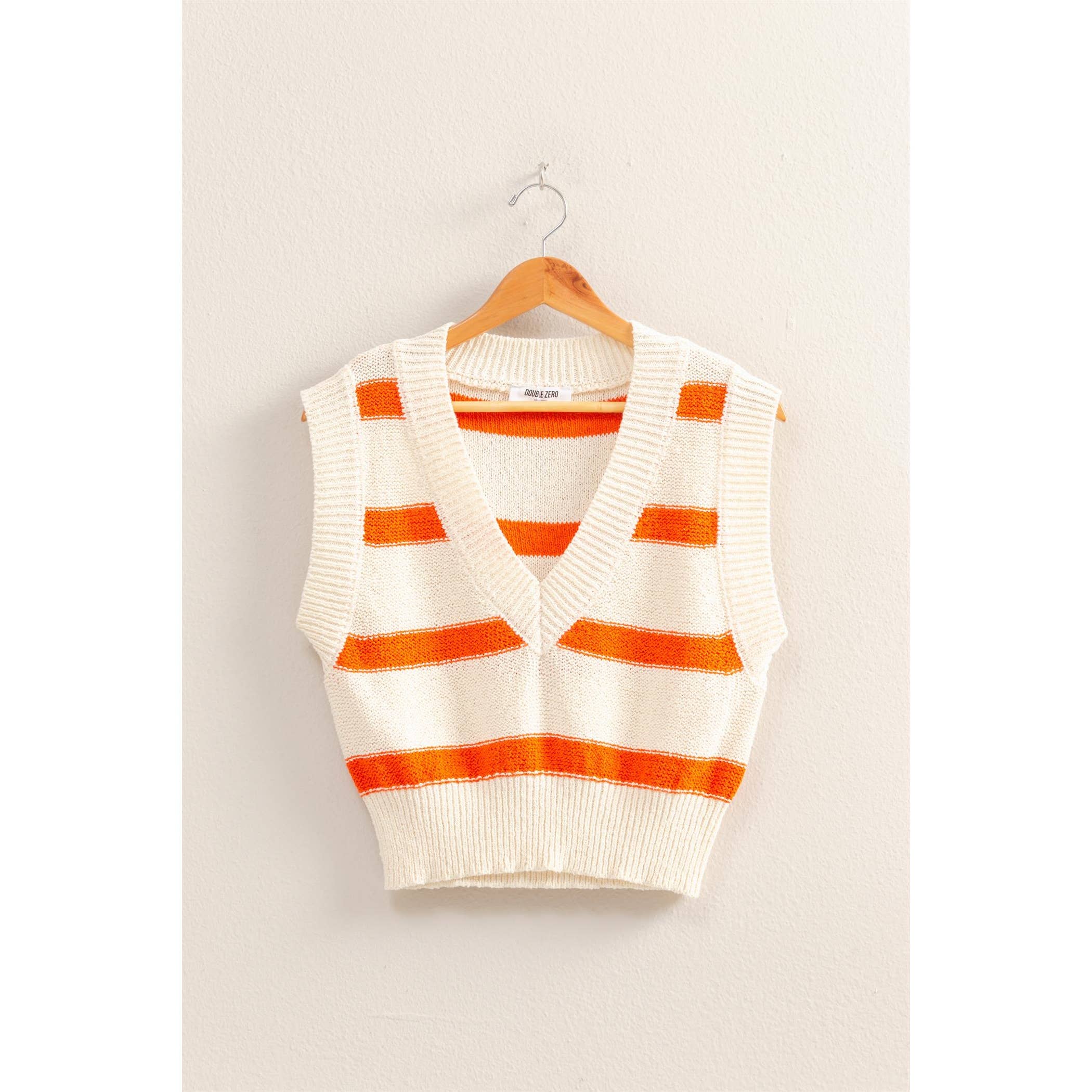 Striped V-Neck Sweater Vest: TOMATO/CREAM