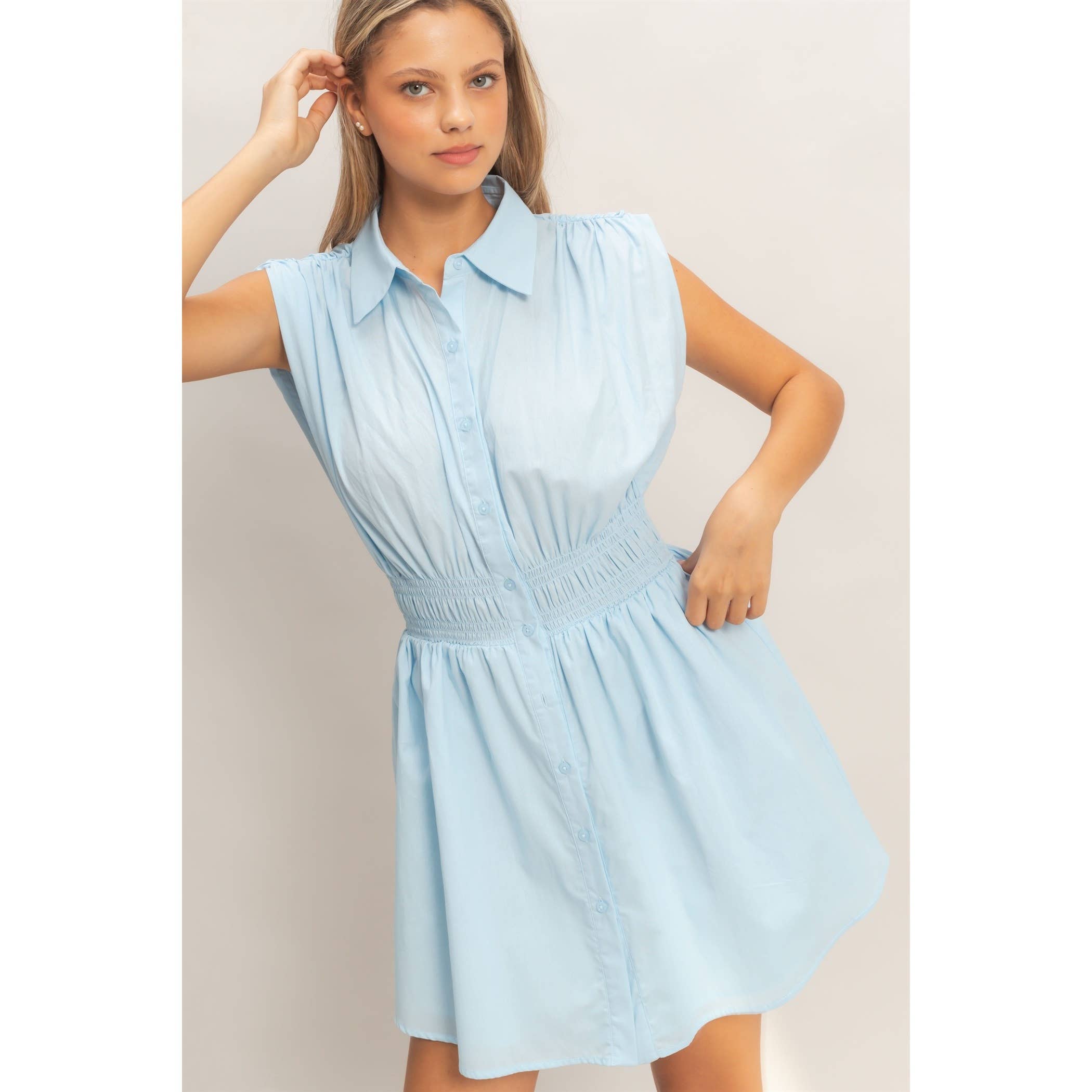 Sleeveless Button-Up Dress: SKY BLUE