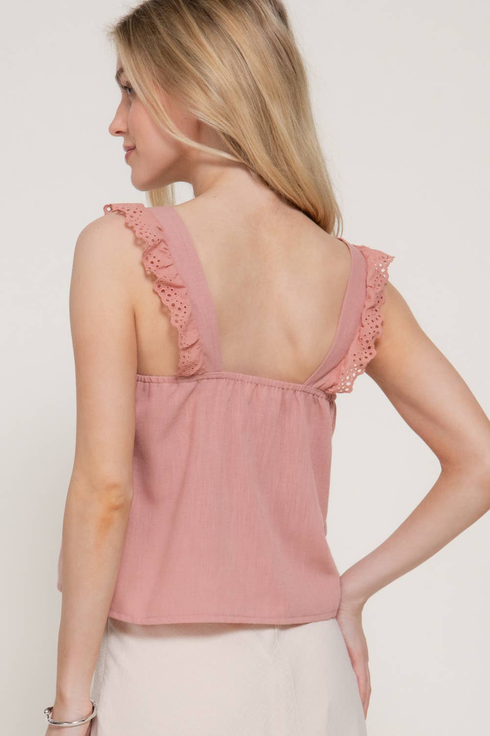 Square Eyelet Ruffle Woven Top: OLV-olive, L