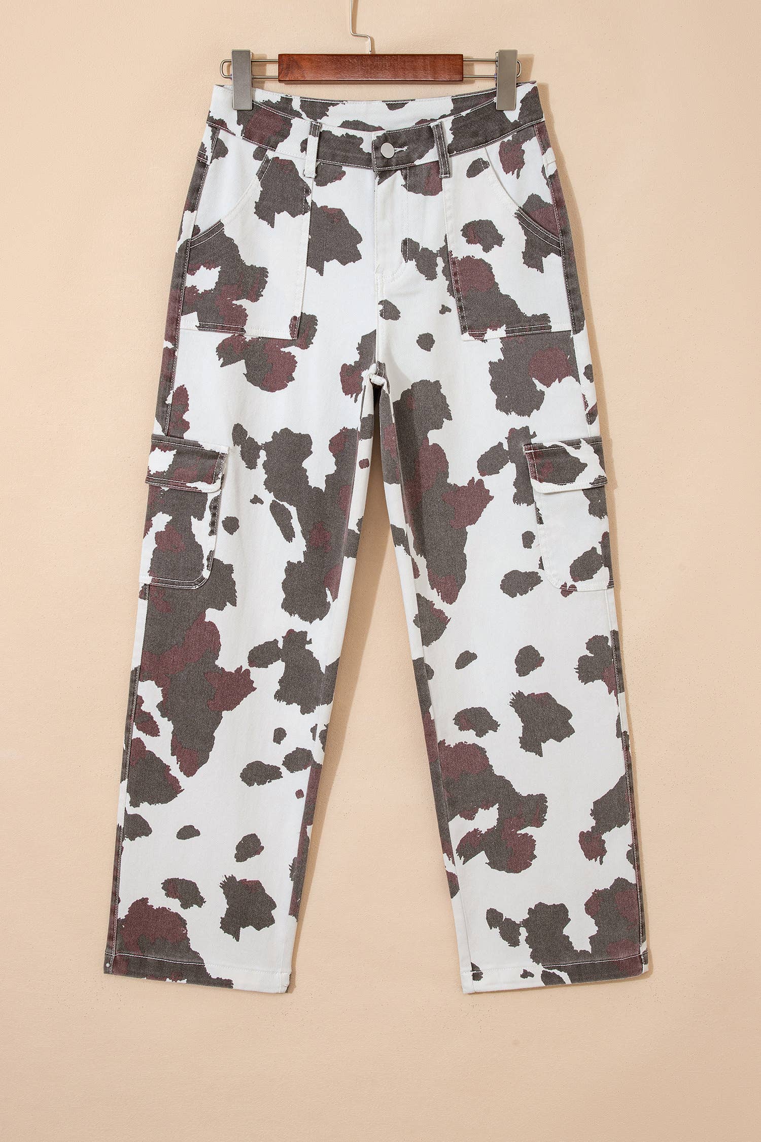 Cow Spots Printed Multi Pocketed Jeans: Brown, 10
