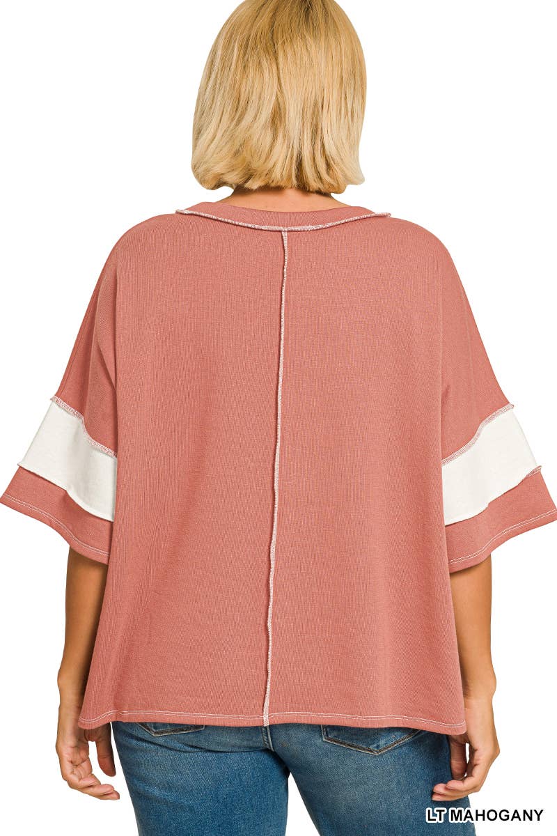 Plus Color Block Exposed Seam Top: LT MAHOGANY