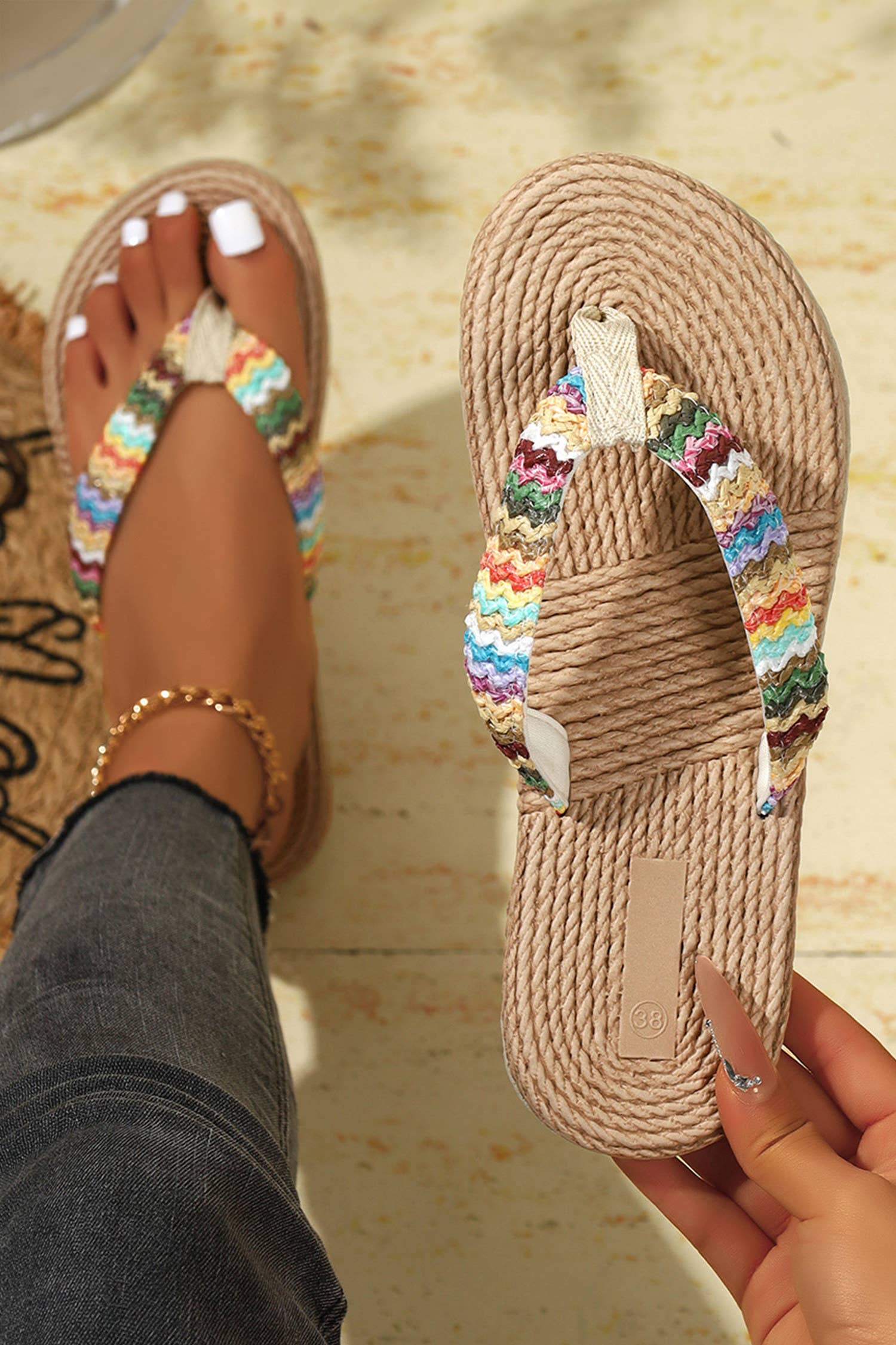 Vacation Straw Rainbow Strap Flip Flops: Multi-Colored, 7(38)