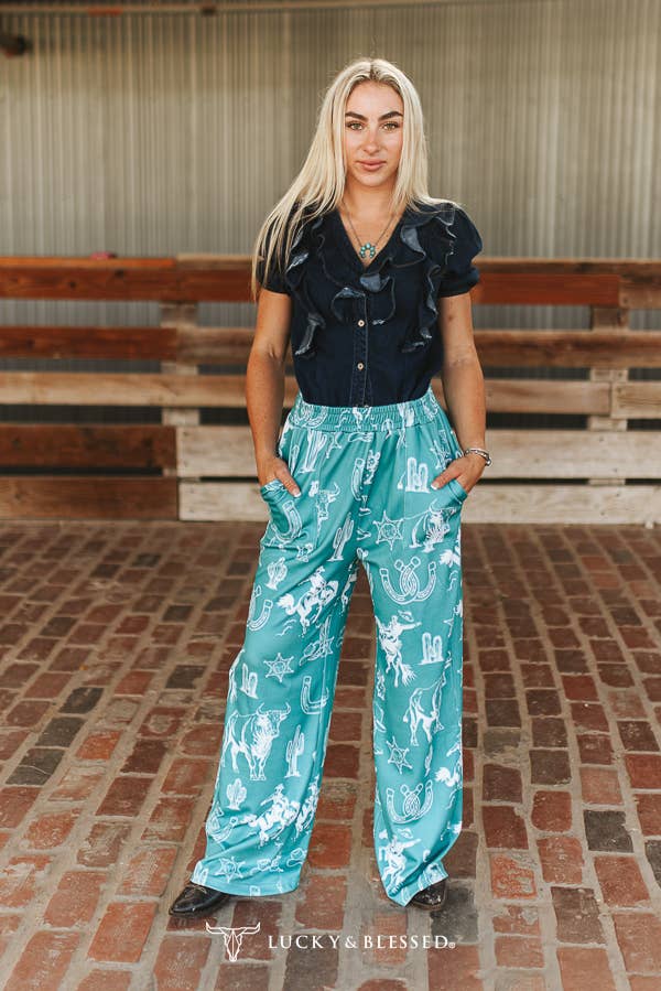 Turquoise Western Printed Elastic Waistband Wide Leg Pants: L