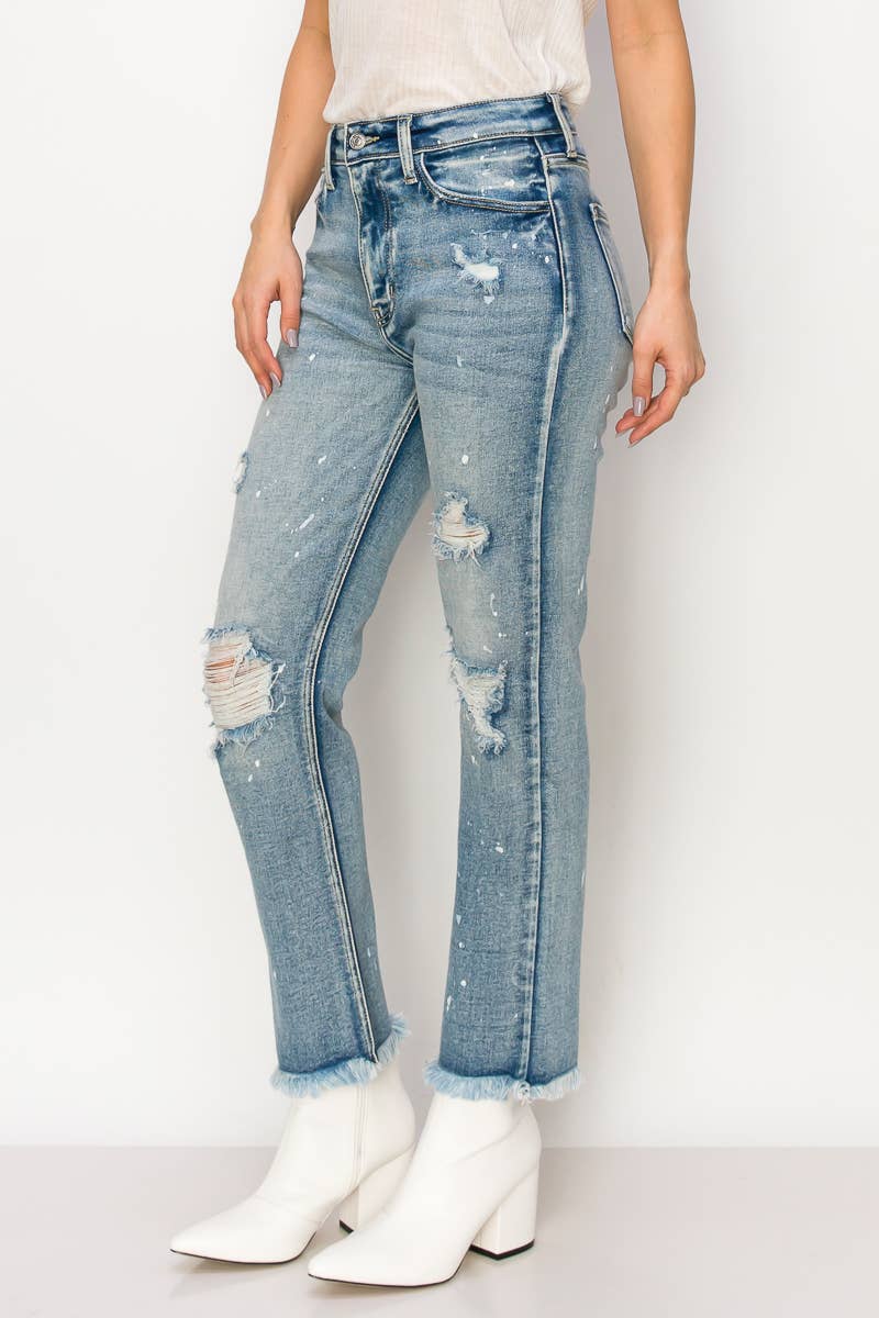 HIGH RISE DISTRESSED STRAIGHT WITH FRAY HEM JEANS: MEDIUM, 11