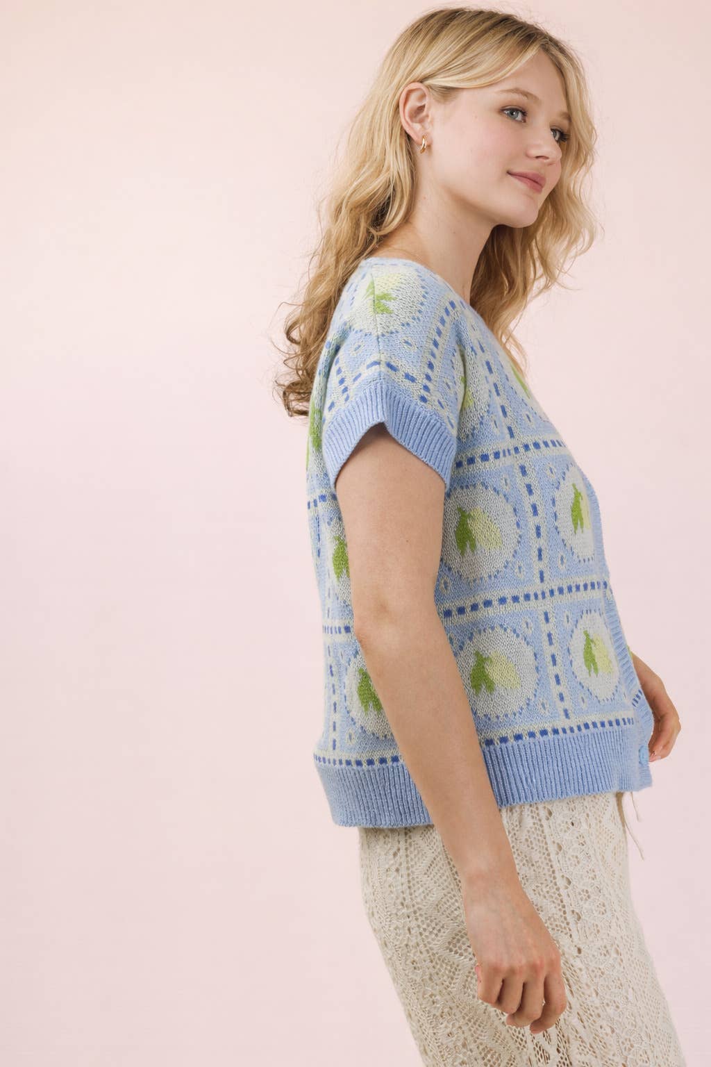 Button Down Lemon Graphic Sweater Summer Cardigan: PINK