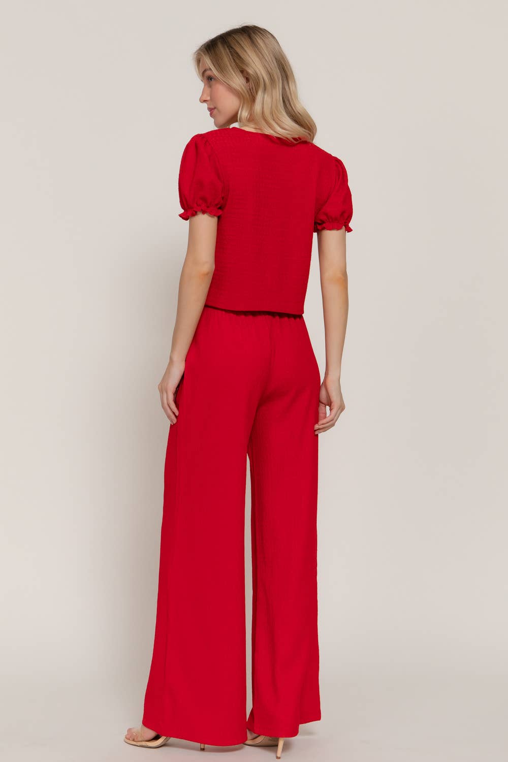 Short Sleeve V-Neck with Tie Top & Texture Pants Set: RED, L