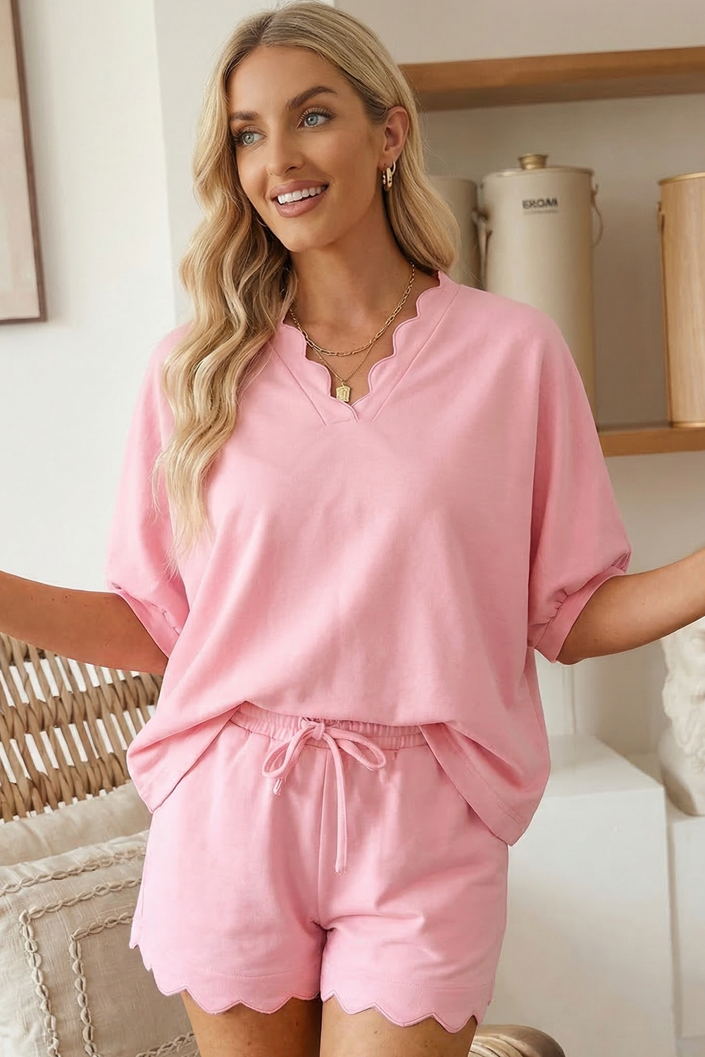 Scalloped V-Neck Top and Shorts Lounge Set: Pink, M